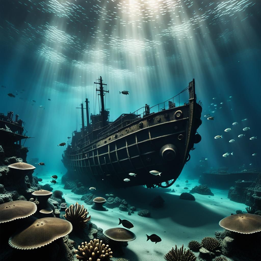 Steampunk Engine Amidst Eerie Shipwrecks