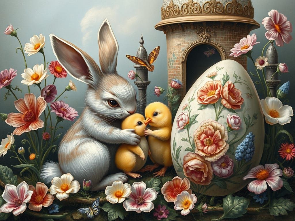 Whimsical Easter Scene with Bunnies and Floral Eggs
