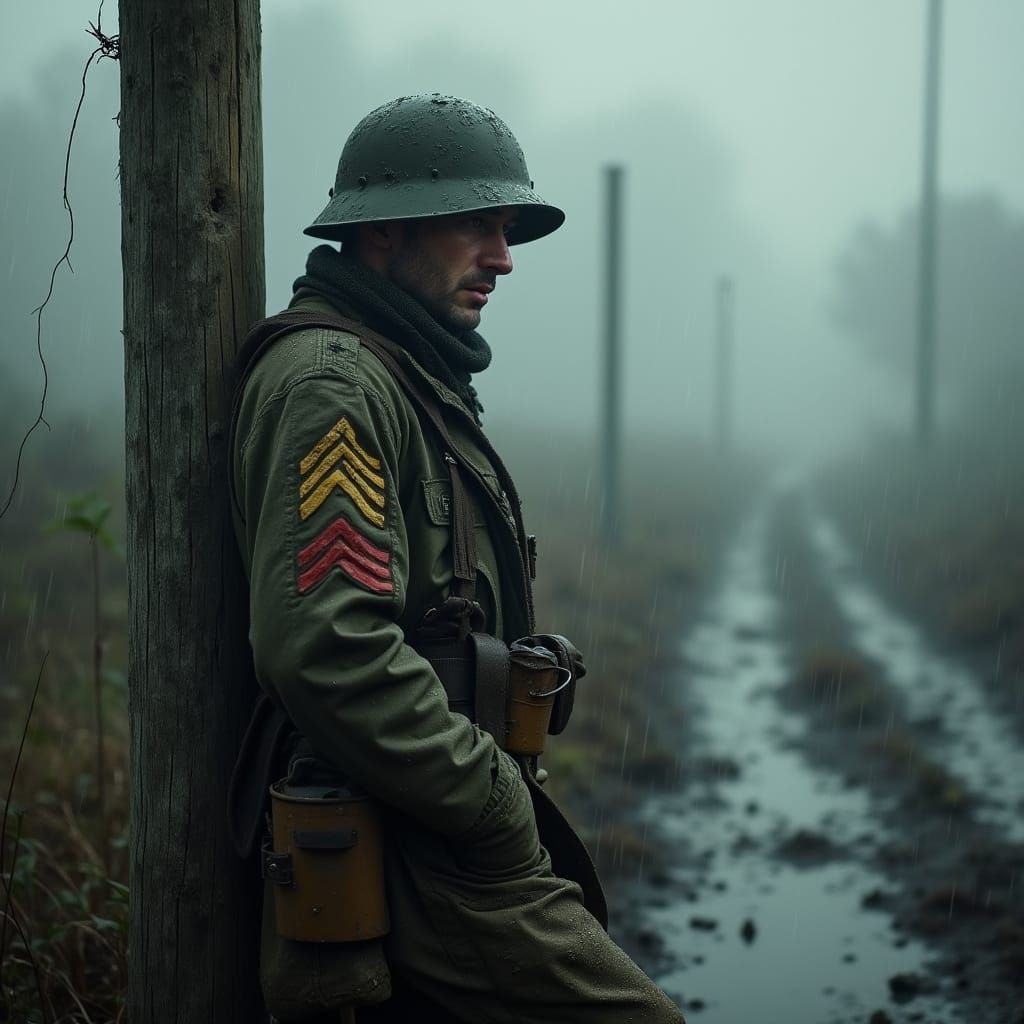 Weary World War I Soldier Amidst the Rainy Landscape