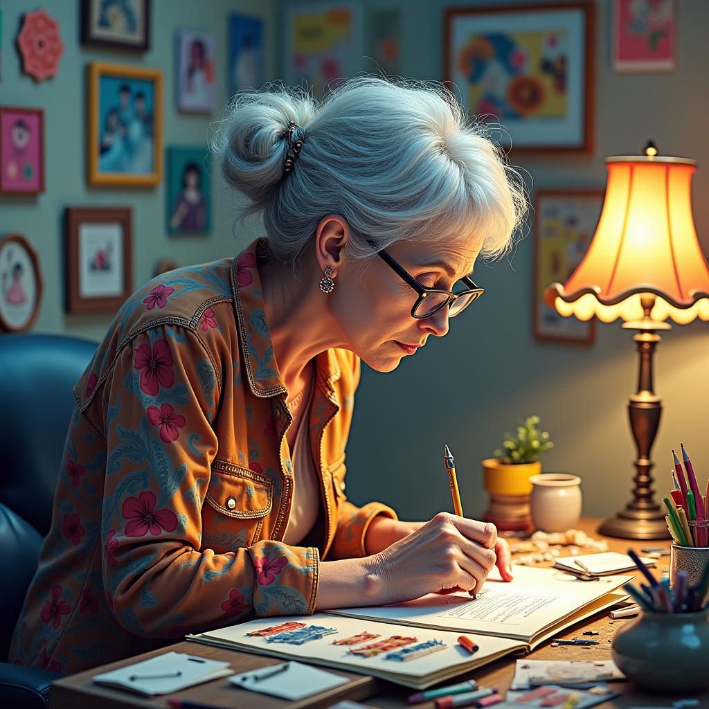 Intricate Illustration of Woman Scrapbooking with Moodboards