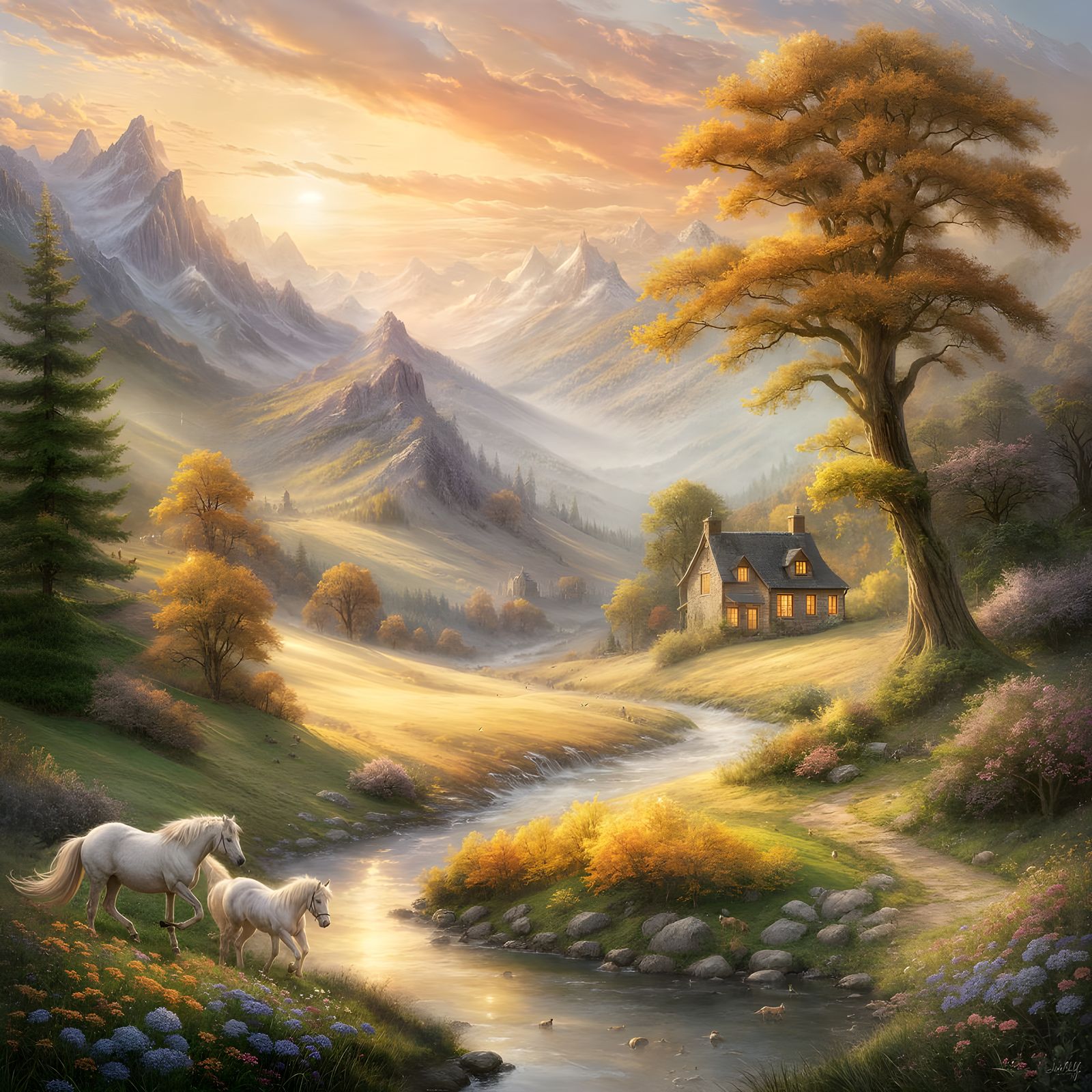 Wild Stallions Gallop Through Enchanted Prairie Landscape