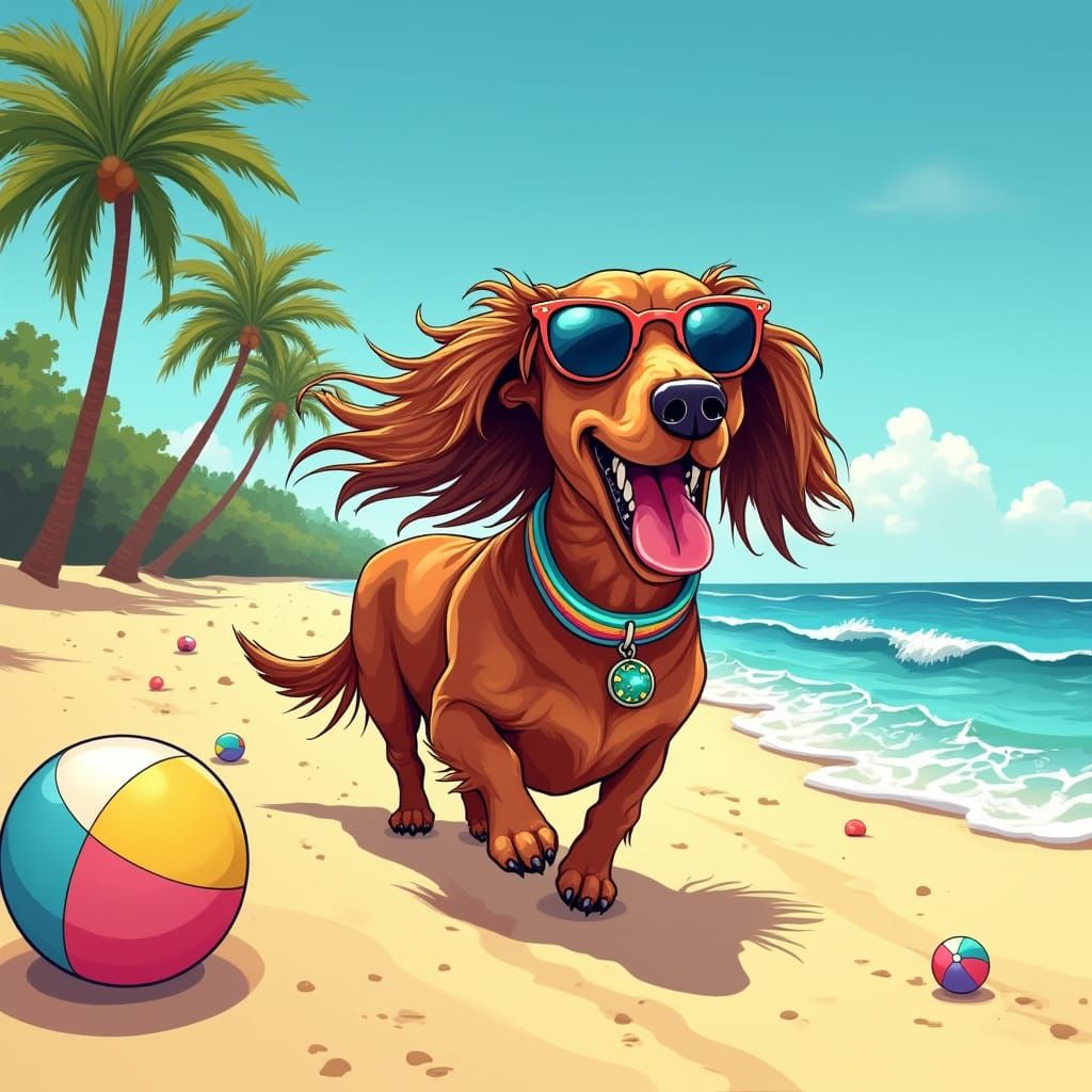 Joyful Dachshund's Whimsical Beach Day in Summer Colors