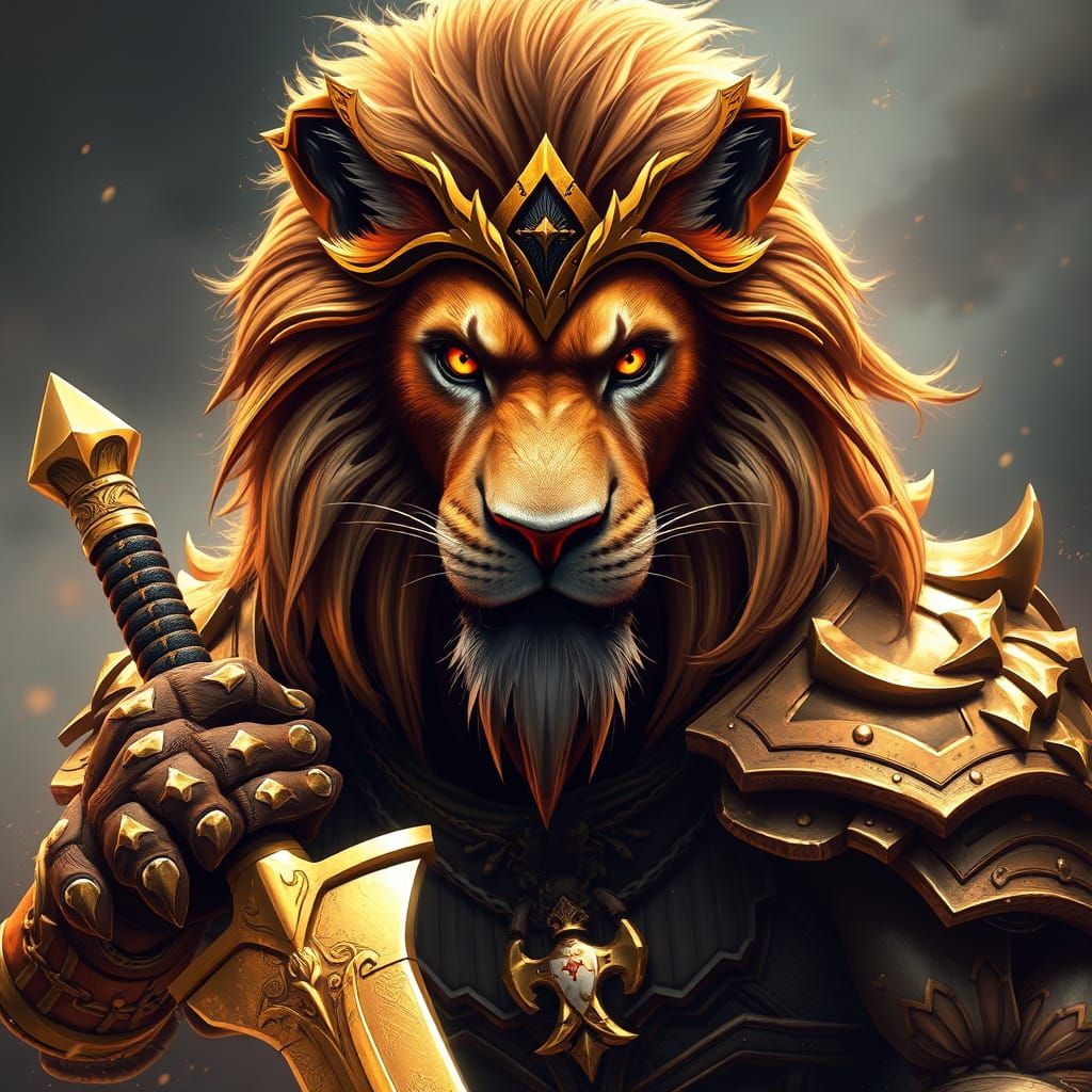 Surreal Warrior Lion in Golden Armor Unleashes Power