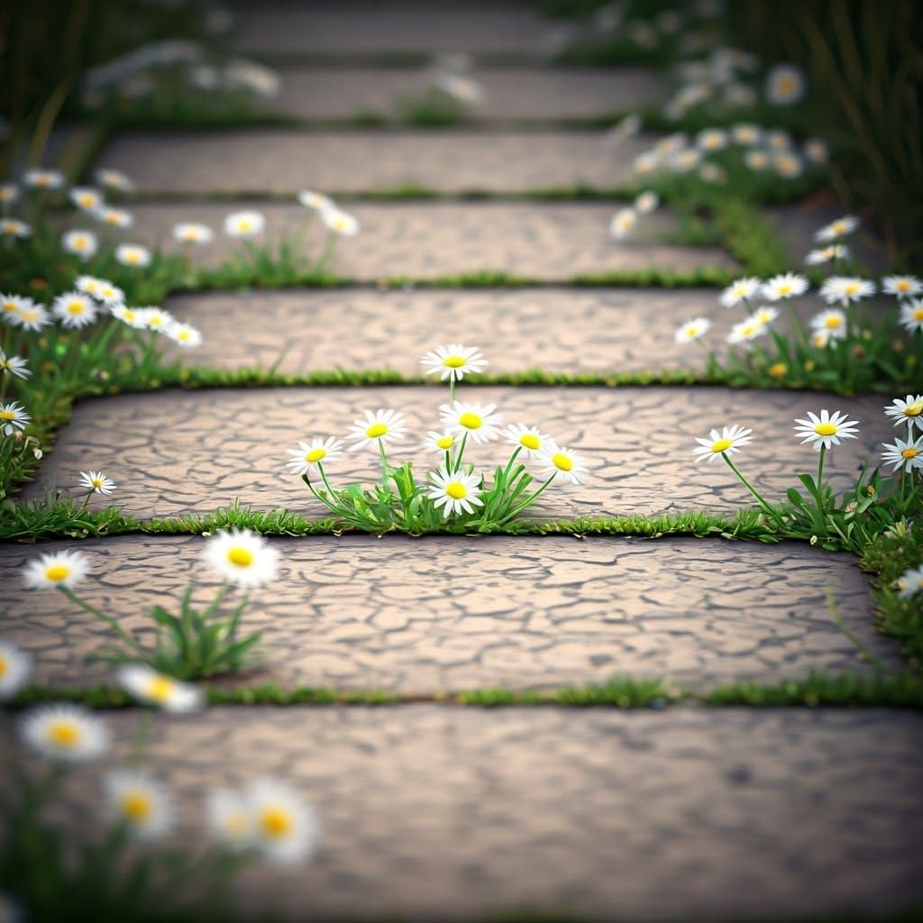Dreamy Daisy Sidewalk Scene in Impressionist Style