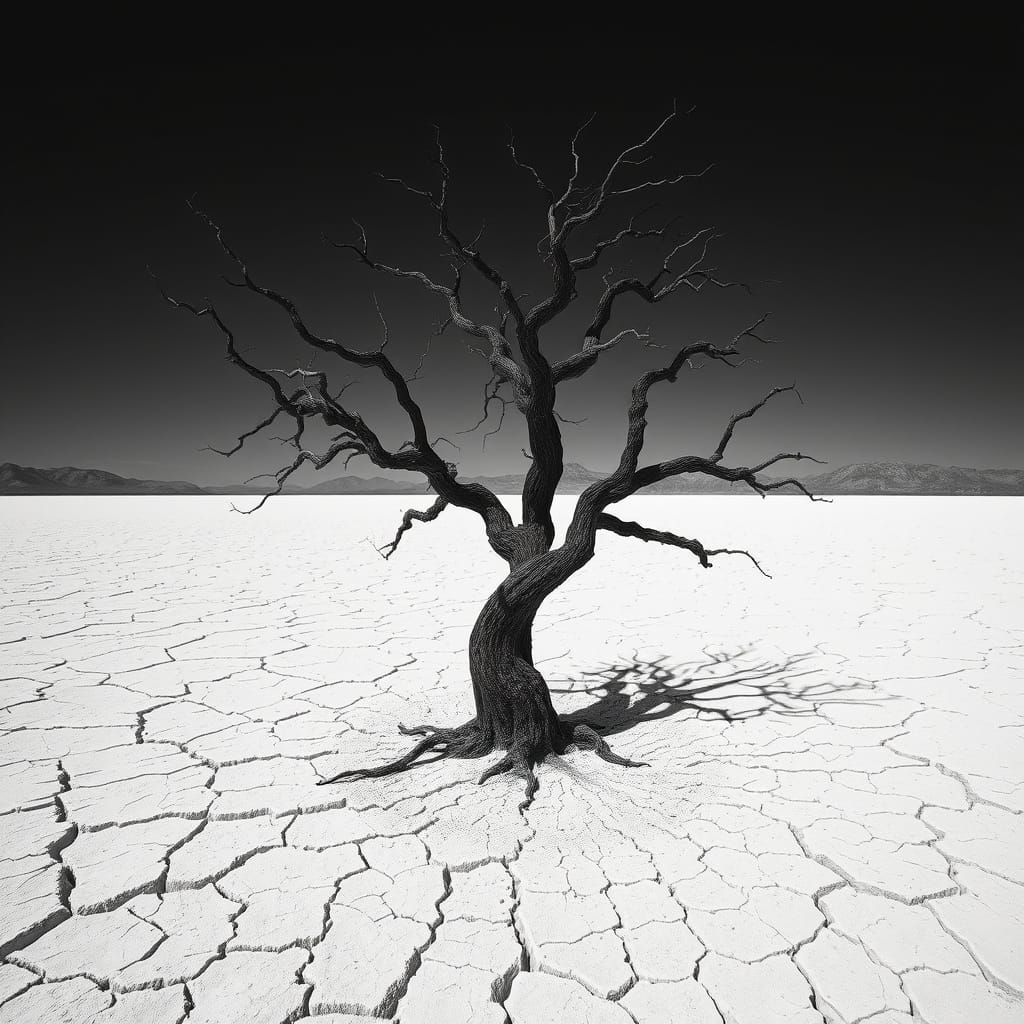 Desolate Tree in Dystopian Landscape, Hyperrealism