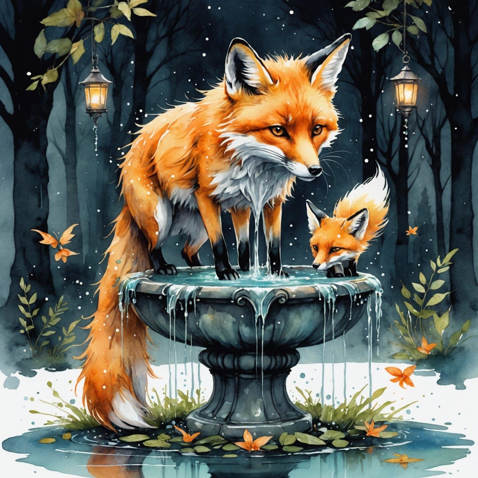 Mystical Fox Drinking: Watercolor Fantasy Art
