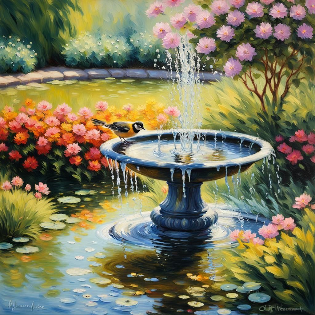 Bird Bath in Impressionist Garden with Water Splashes