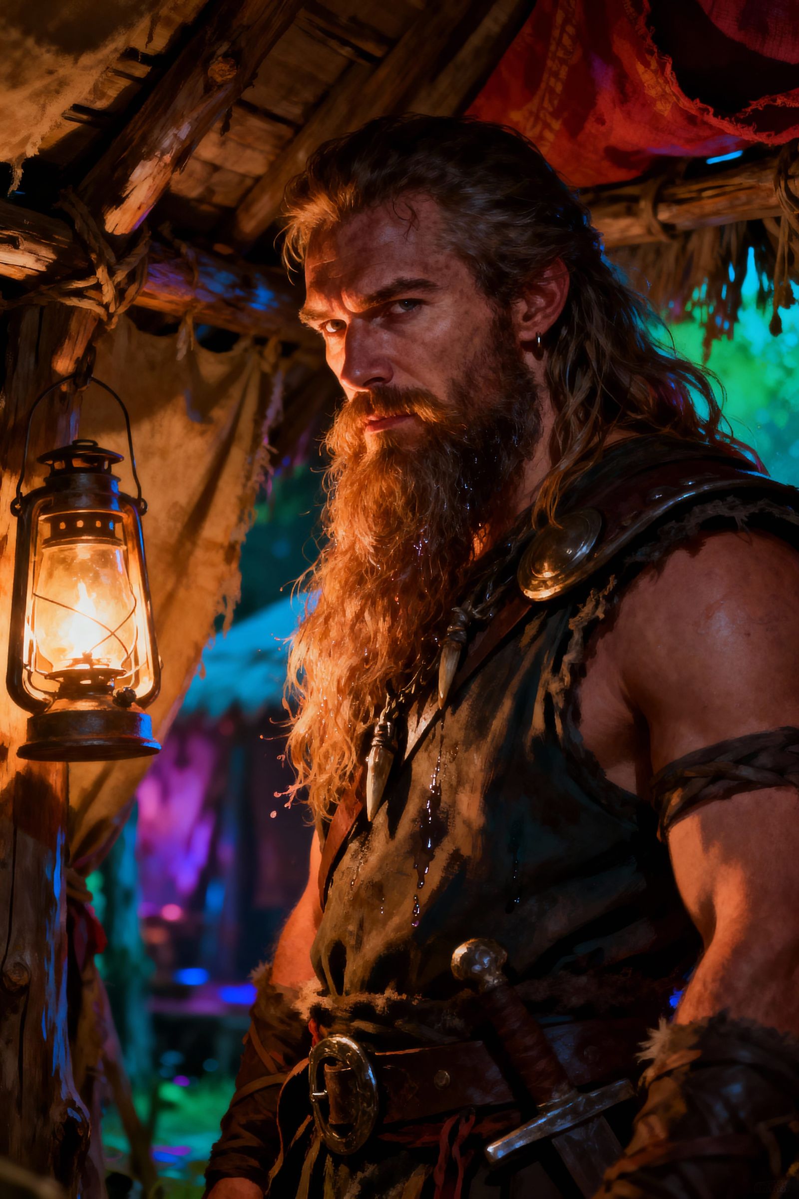 Barbarian Warrior Illuminated in Rustic Hut