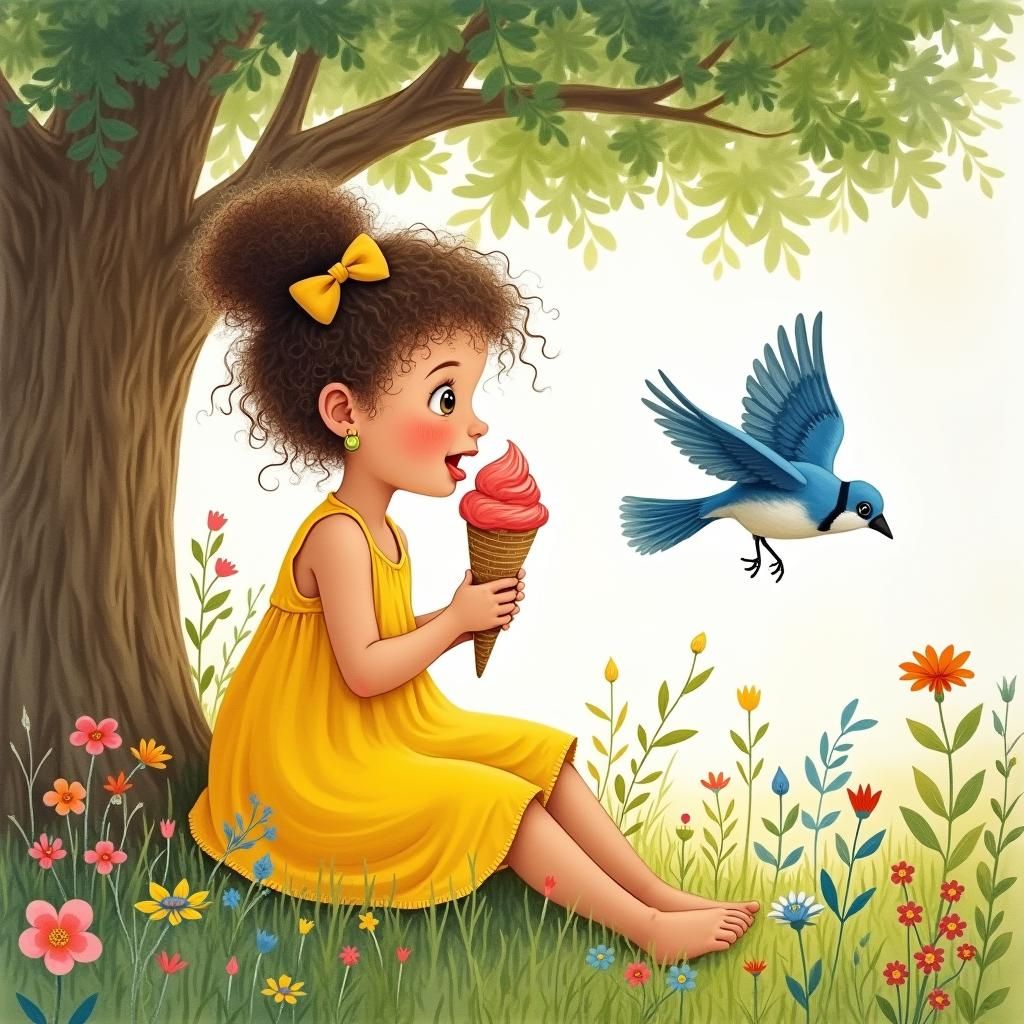 Girl's Surprise Encounter in Sunny Park, Watercolor Style