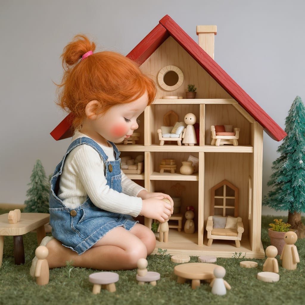 Clay Girl Plays with Miniature Dollhouse