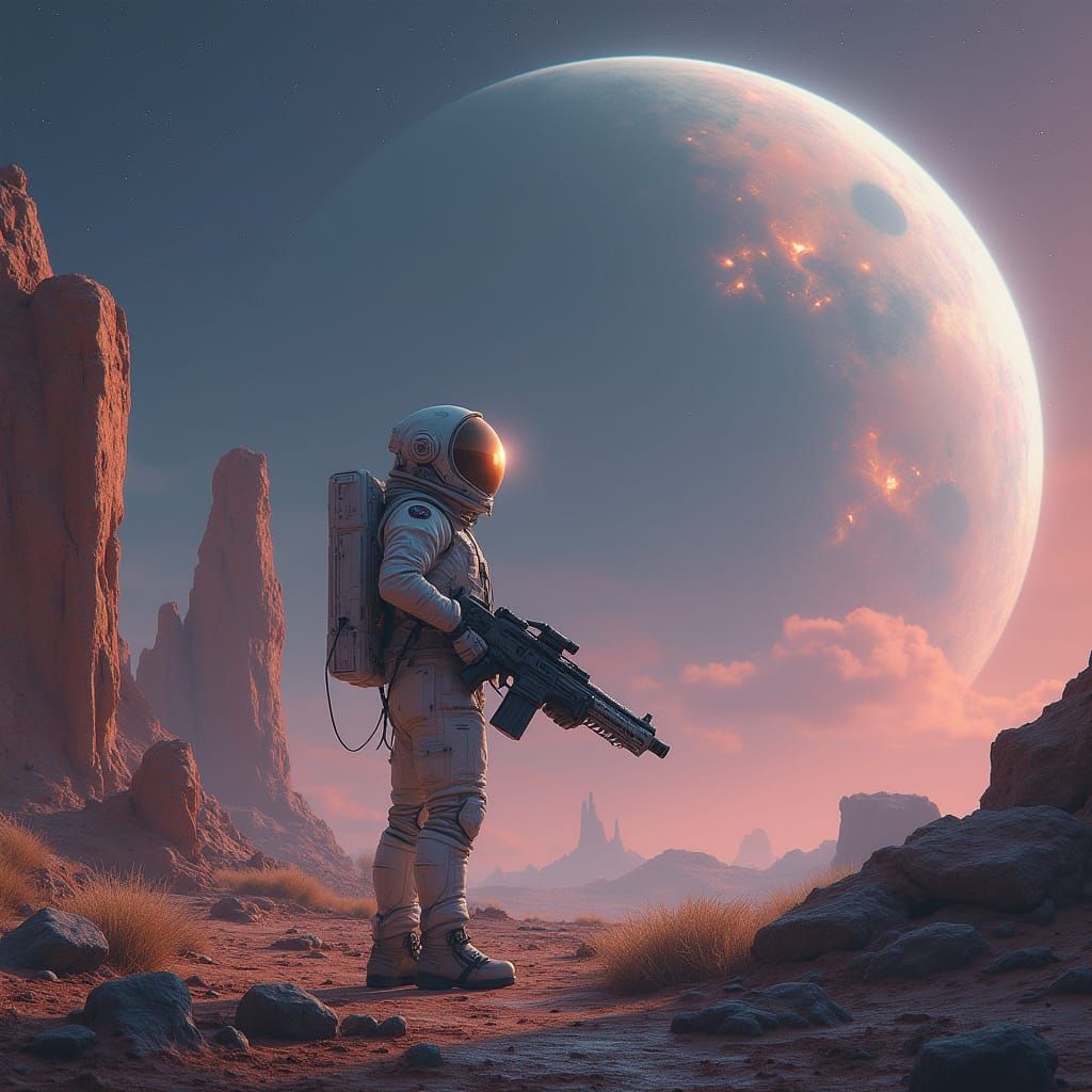 Astronaut Gazing at Nebula on Alien Planet in Cyberpunk Styl...