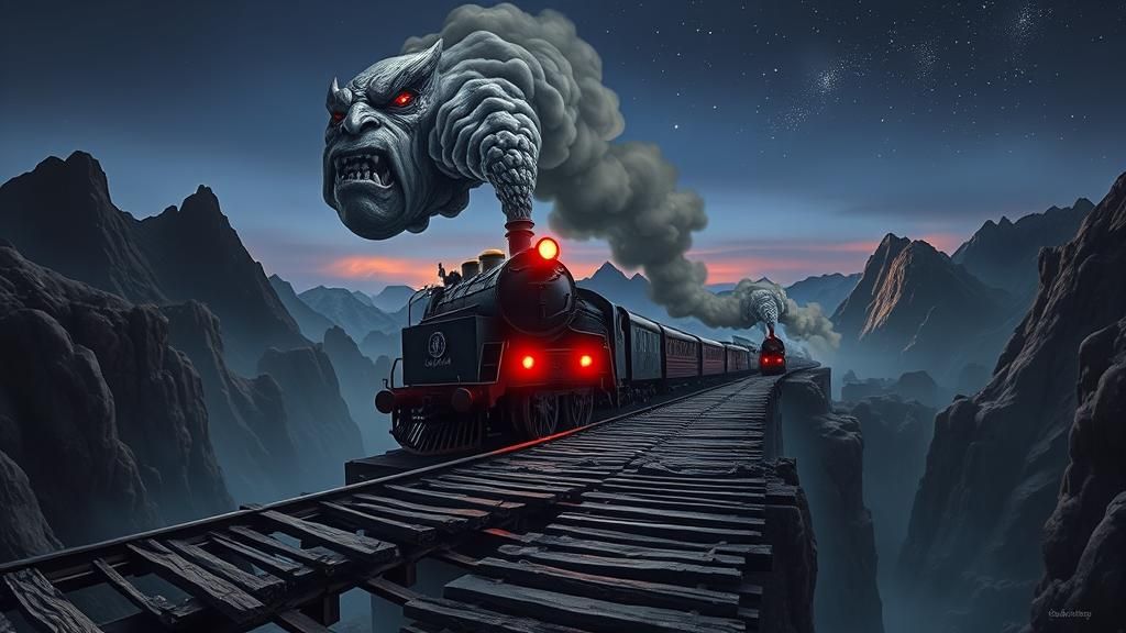 Grotesque Demon Train in Fractal Landscape, Surreal Art