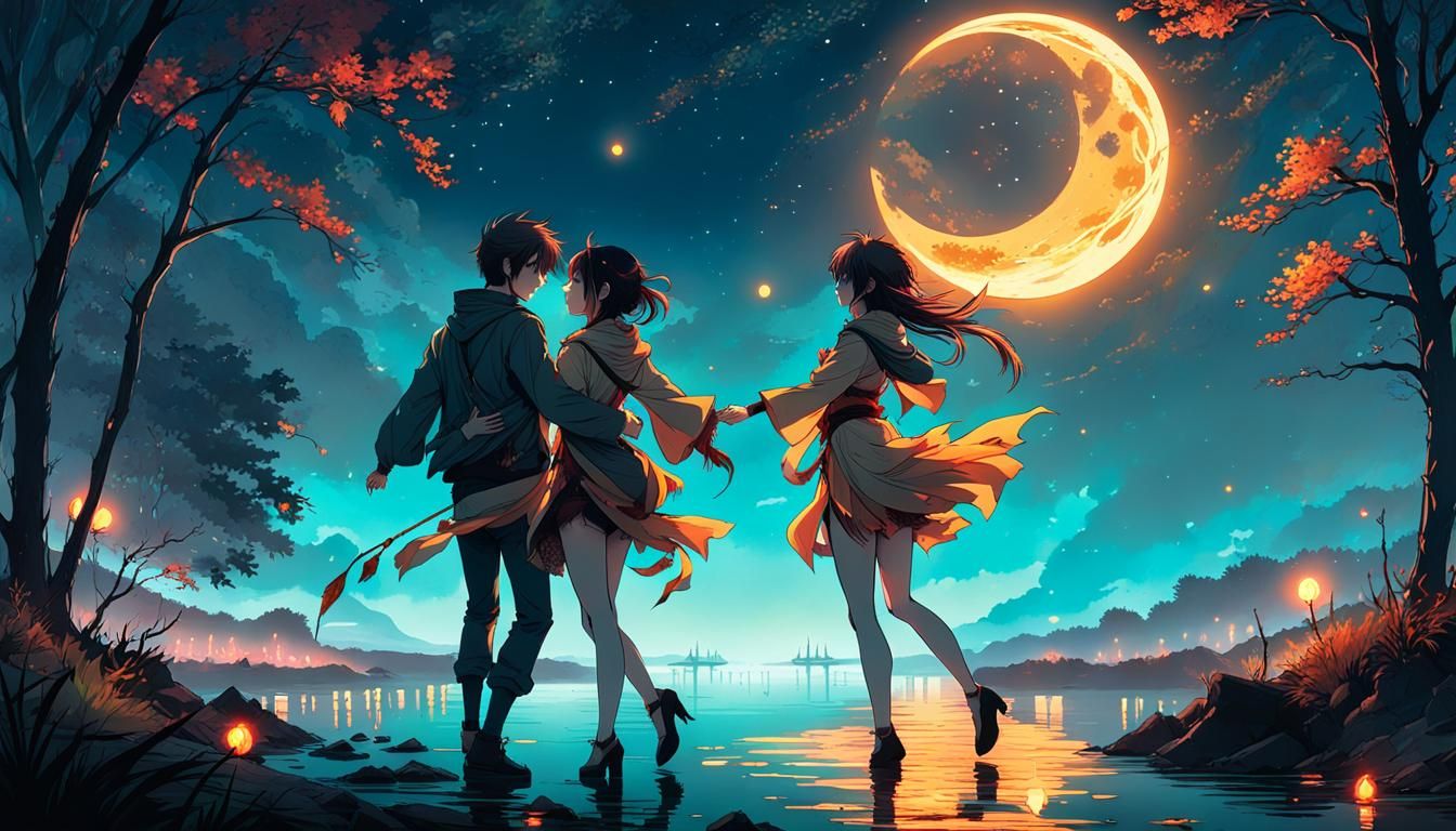 Lovers Dancing Under Bioluminescent Moon in Anime Style