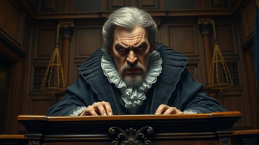 Angry Judge in Courtroom, Gustave Dorรฉ Style