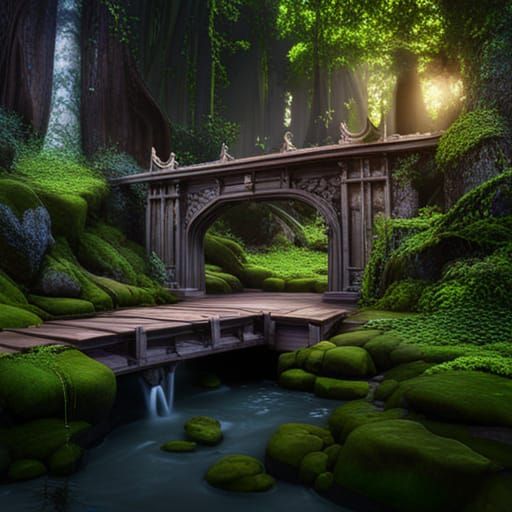 Lush Forest Bridge in Detailed Matte Painting