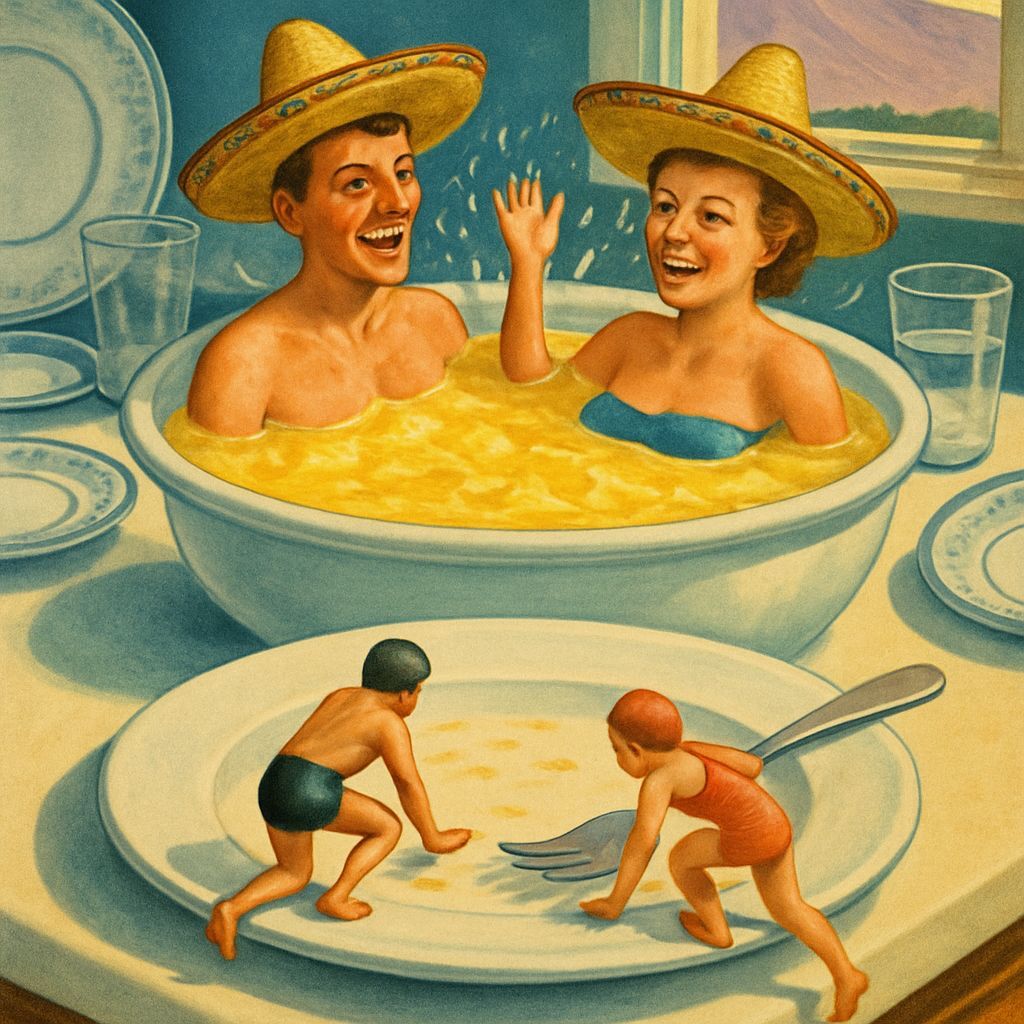 Surreal Hot Tub Soup Illustration in Vintage Style