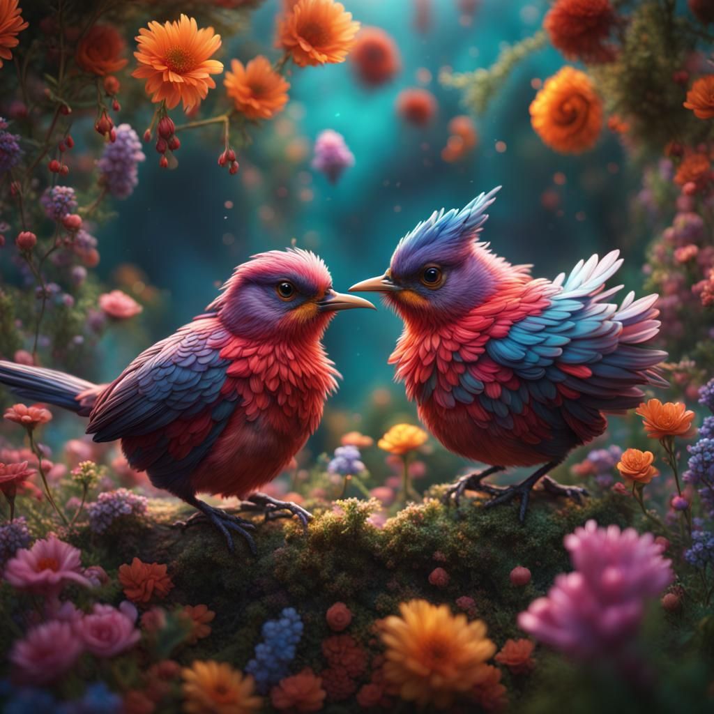 Colorful Birds Falling in Love: Fantasy Garden Art