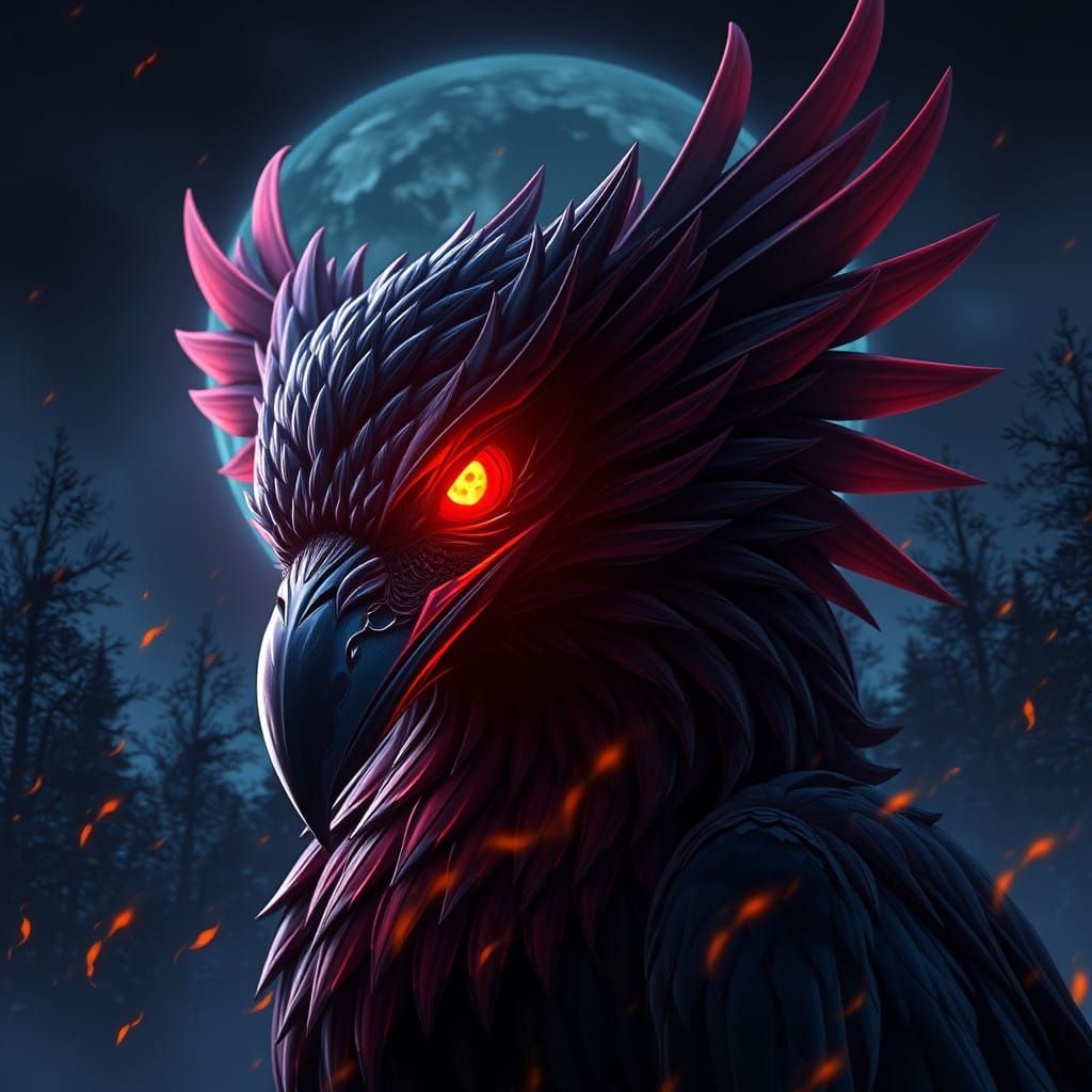 Majestic Raven Ignites Blazing Forest Under Dark Night Sky
