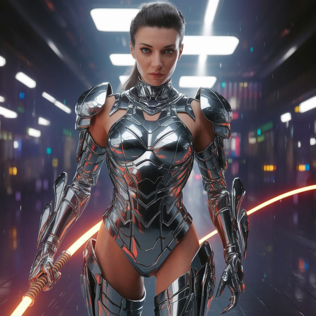 Cyber Samurai with Glowing Blade in Metallic Suit