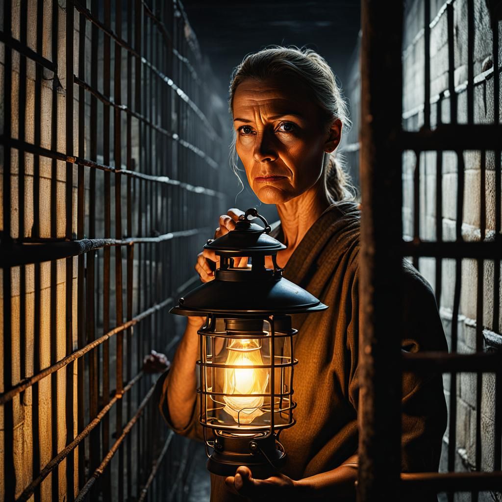 Woman with Lantern in Jail Cell: Oil Painting