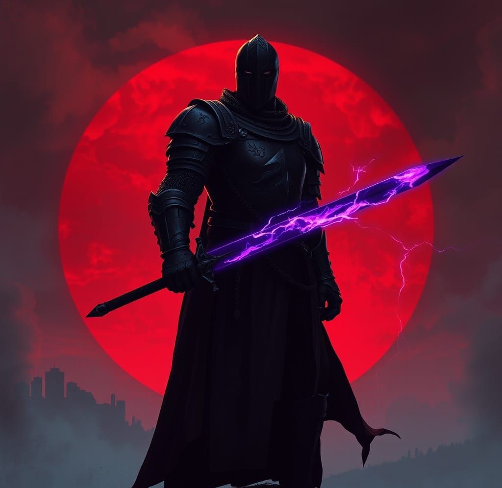 Dark Fantasy Knight Silhouetted Against Bloody Sunset