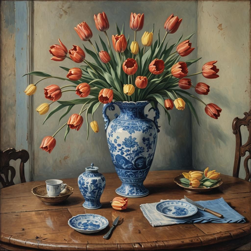 Delft Blue Vase with Tulips, Victorian Oil Painting