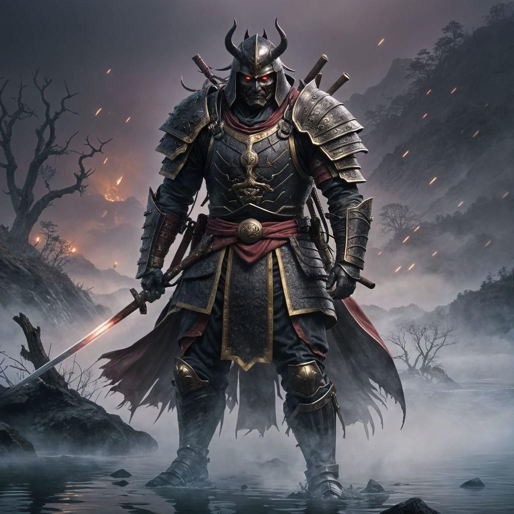 Epic Samurai in Fog, Dark Fantasy Concept Art