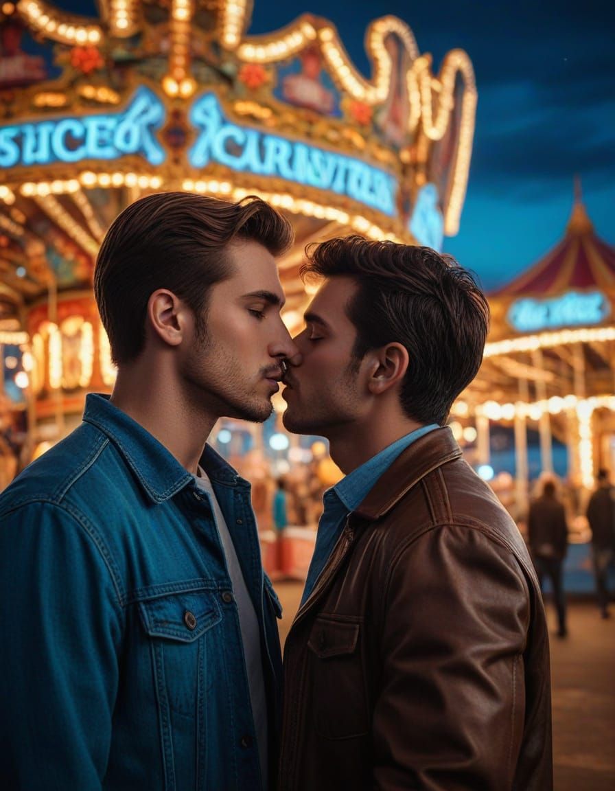 Romantic Carousel Kiss in Neon Hues