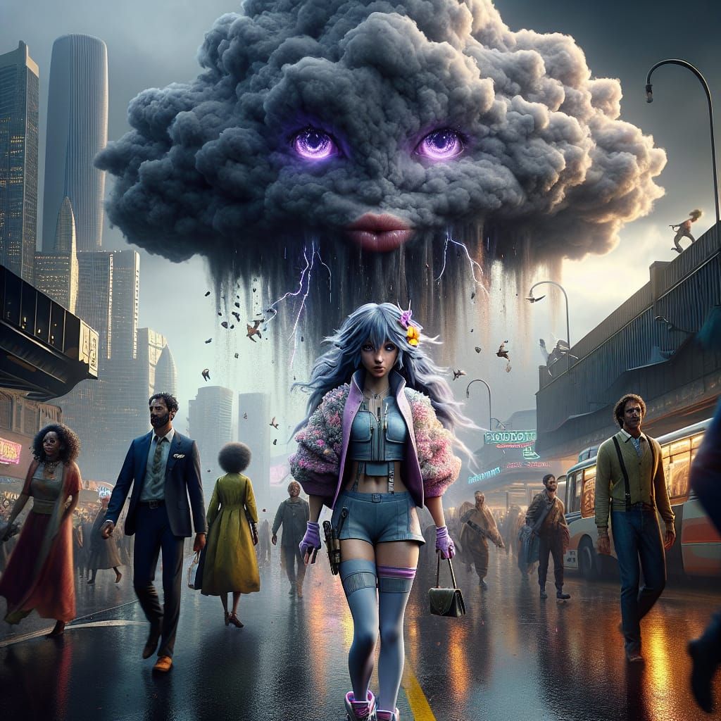 Hyper-Realistic Stormy Urban Fantasy Scene with Fluffy Cloud...