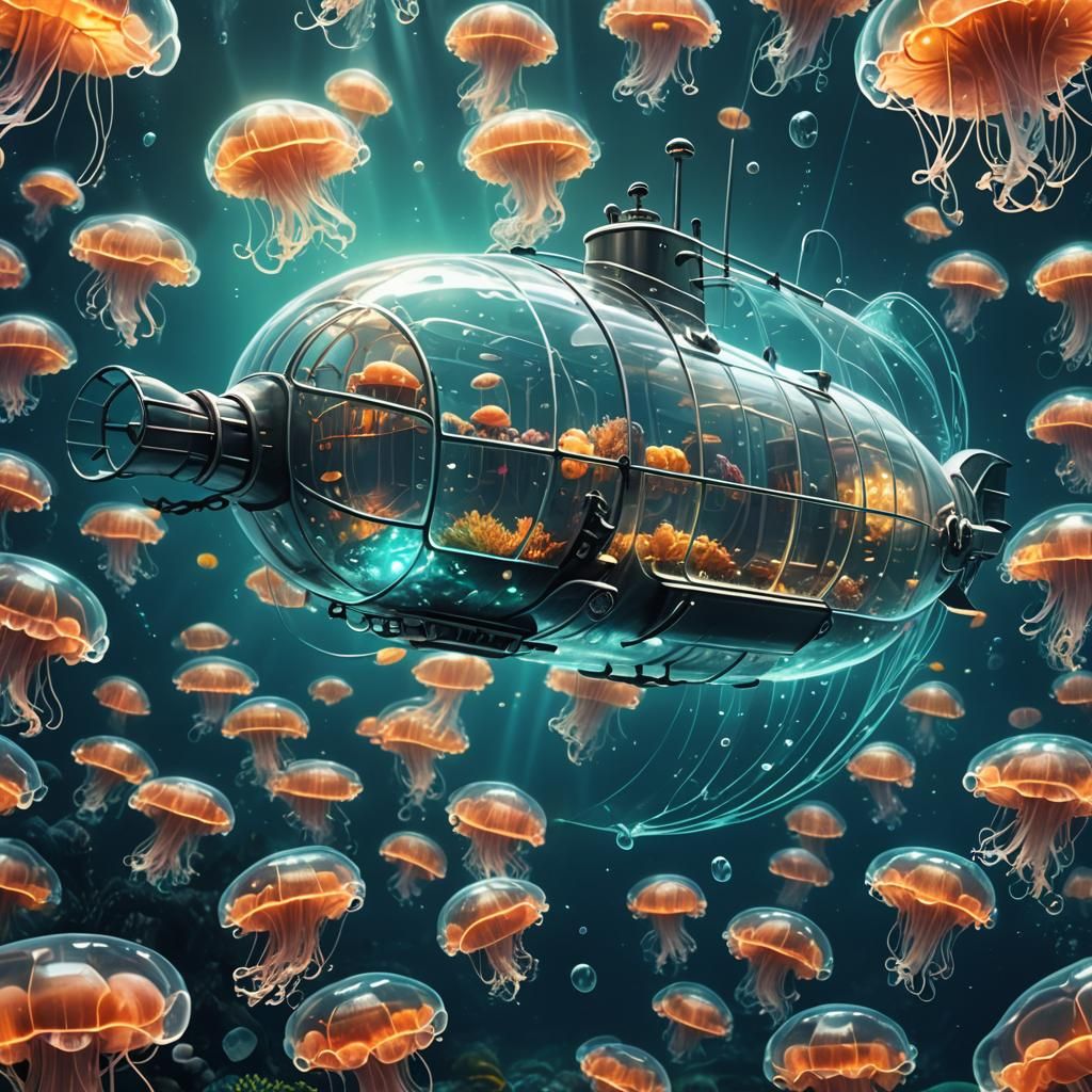 Glowing Transparent Submarine Underwater