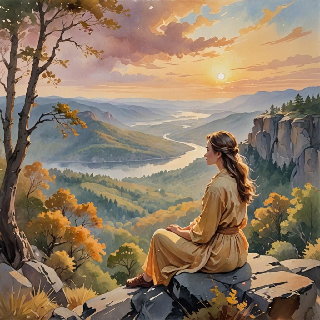 Impressionist Woman Overlooking Dreamy Landscape in Gouache