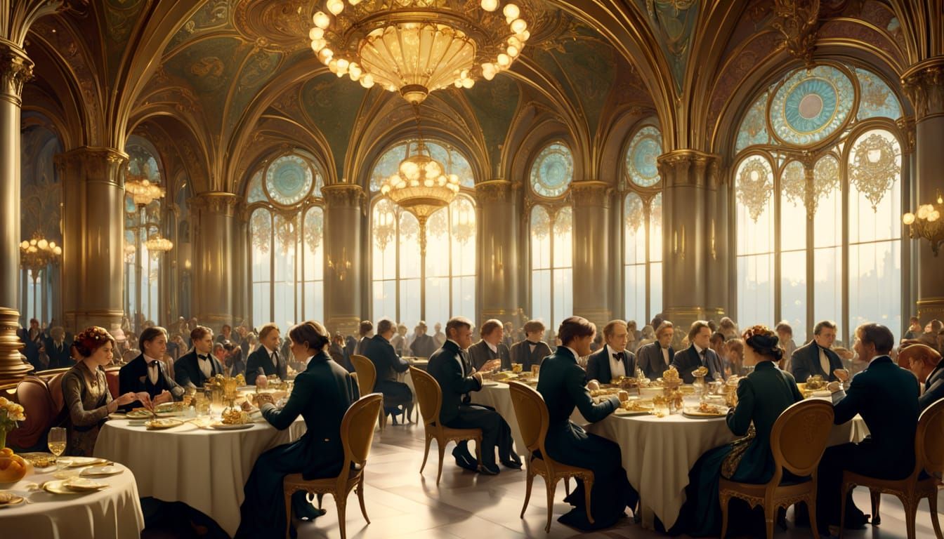 Elegant Meal in Grand Hall, Art Nouveau Style