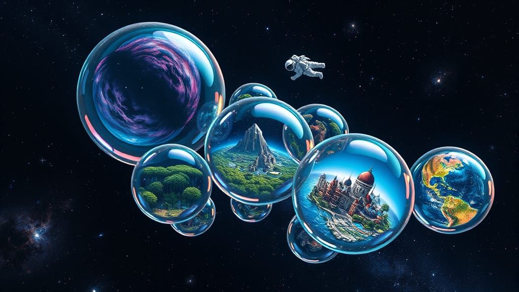 Astronaut Surrounded by Iridescent Bubbles in Space