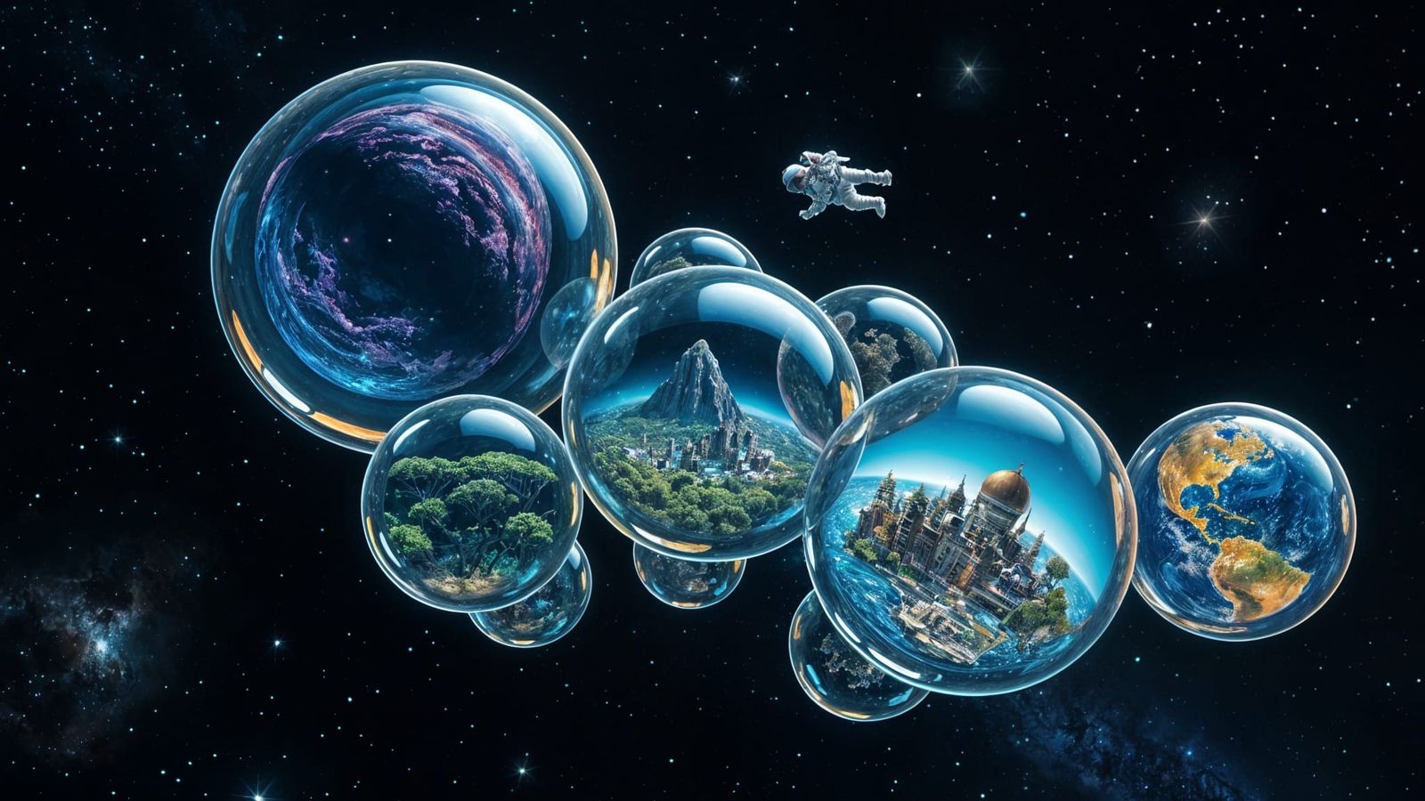 Astronaut Surrounded by Iridescent Bubbles in Space