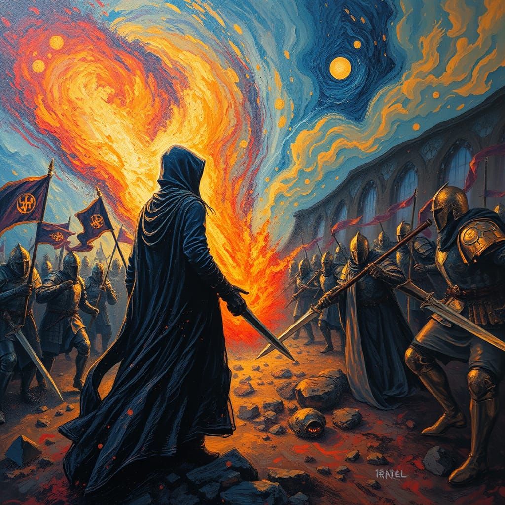 Magical Battlefield Scene in Expressive Impressionist Style