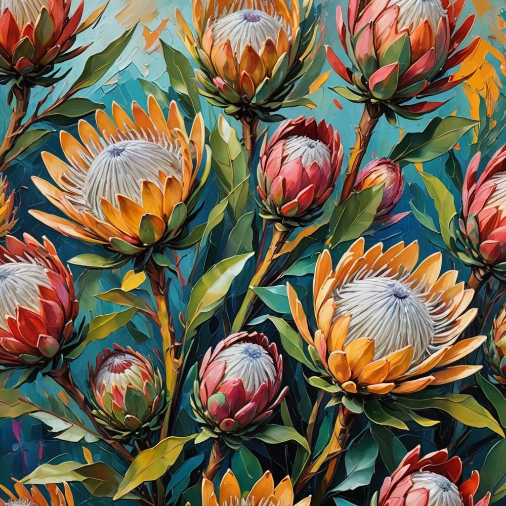 Protea Flowers in Abstract Expressionist Impasto Style