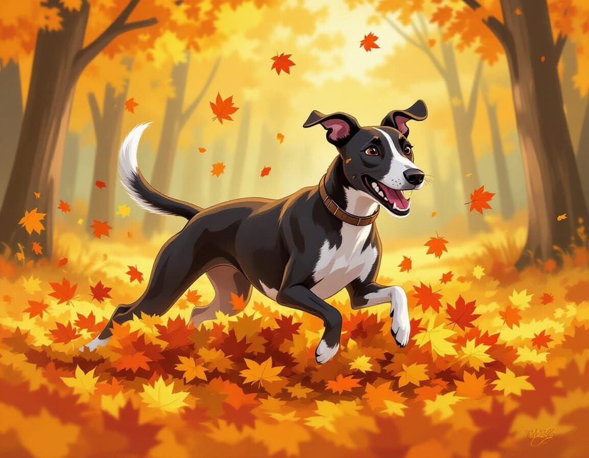 Muscular Greyhound Dashes Into Autumn Leaves