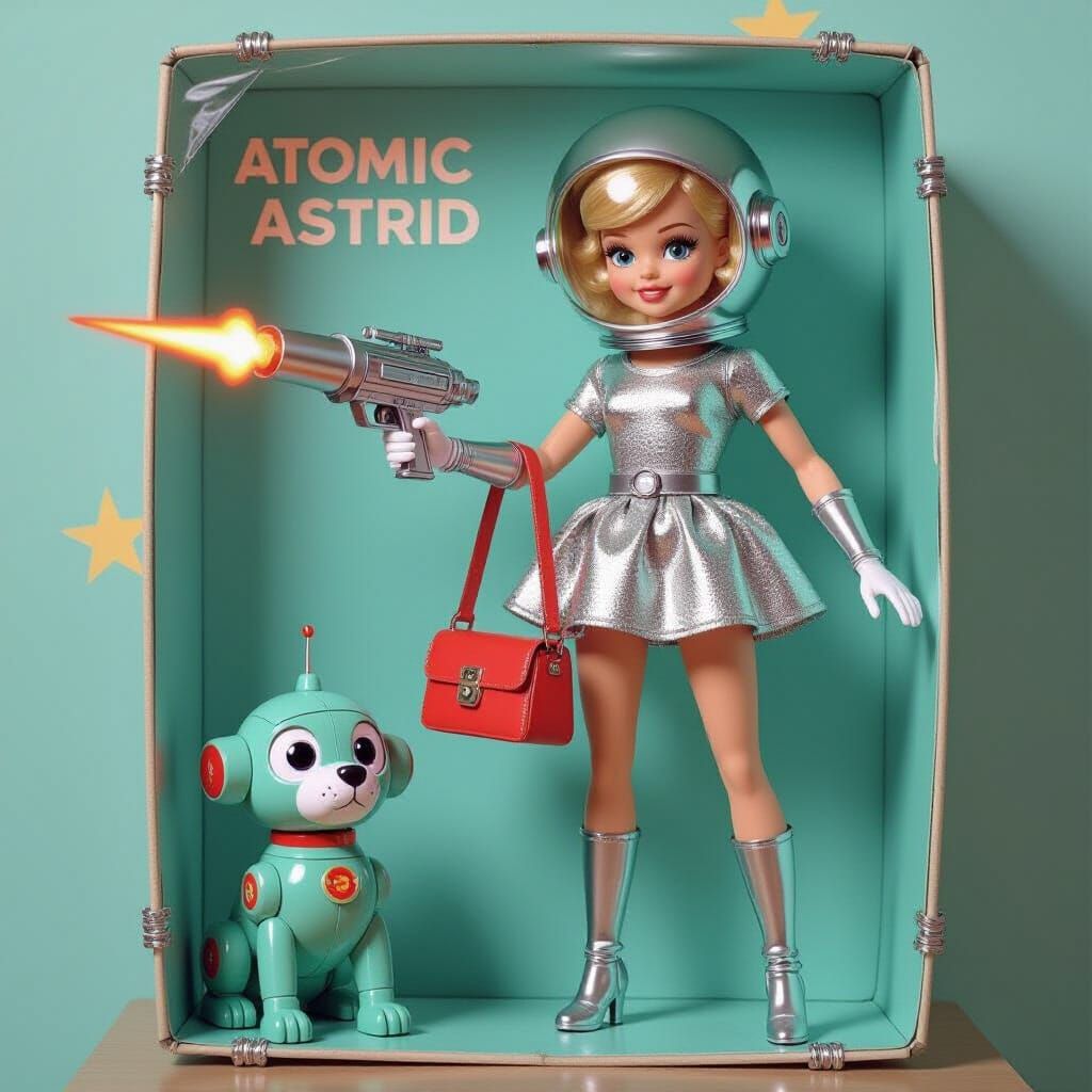 Atomic Astrid Doll with Robot Dog in Retro-Futuristic Style