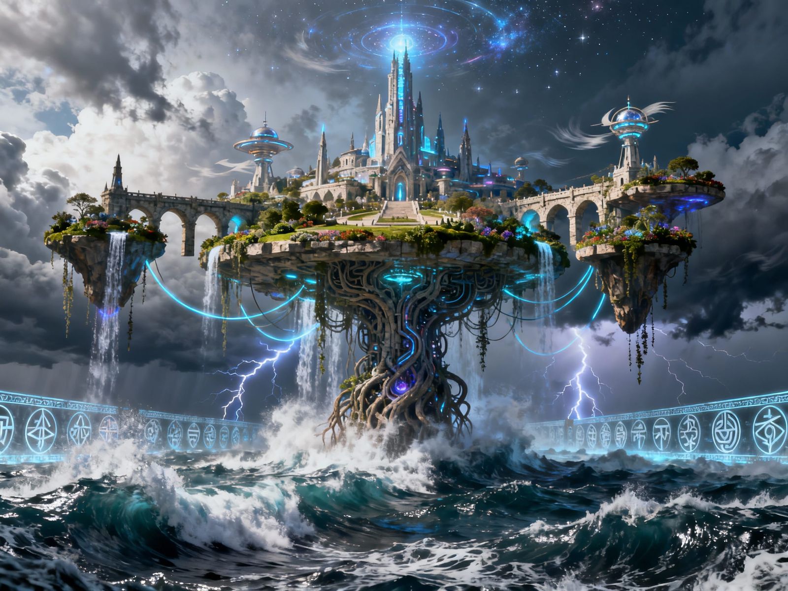 Floating City Above Stormy Sea in Hyper-Realistic Style