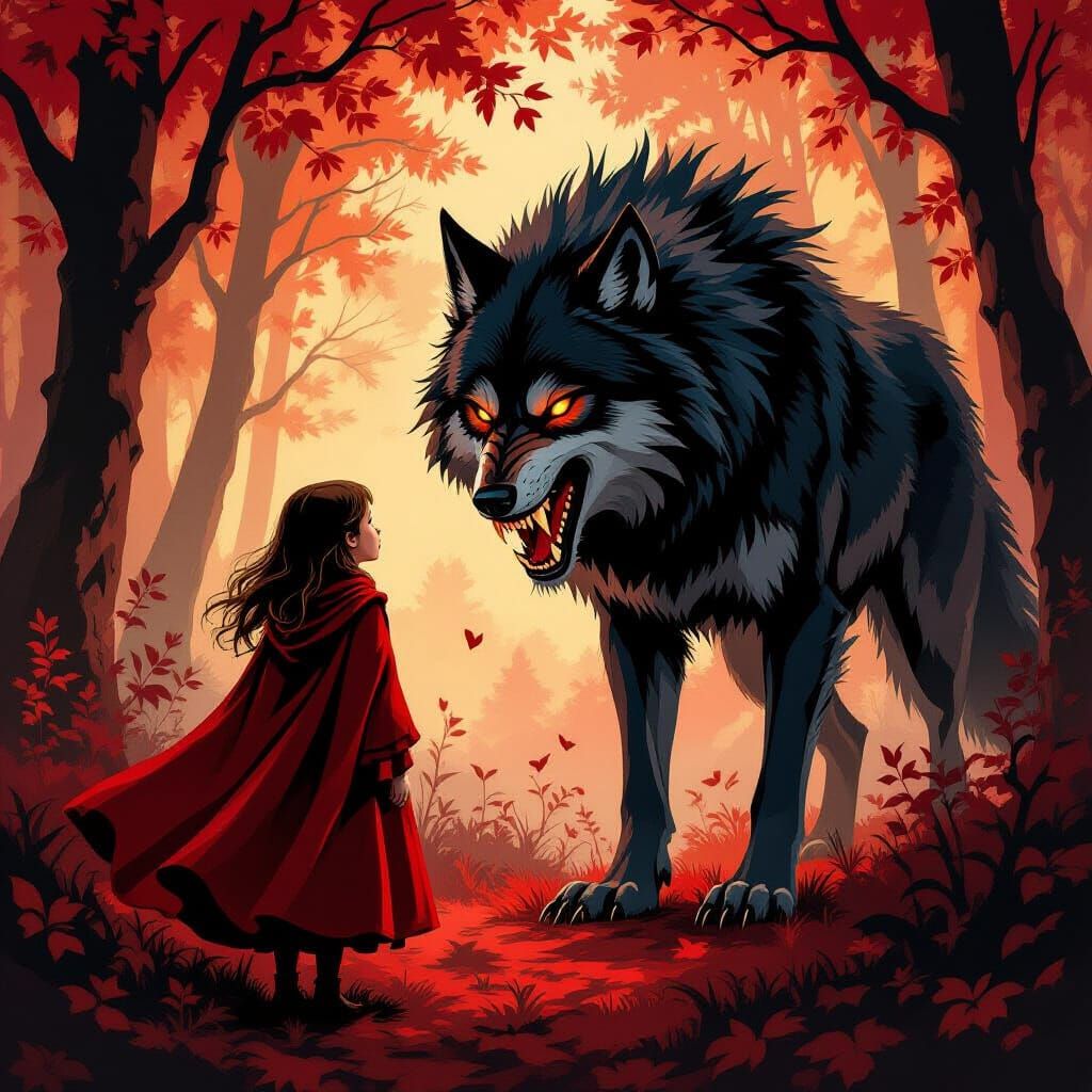 Red Cloaked Girl Meets Menacing Wolf in Crimson Forest