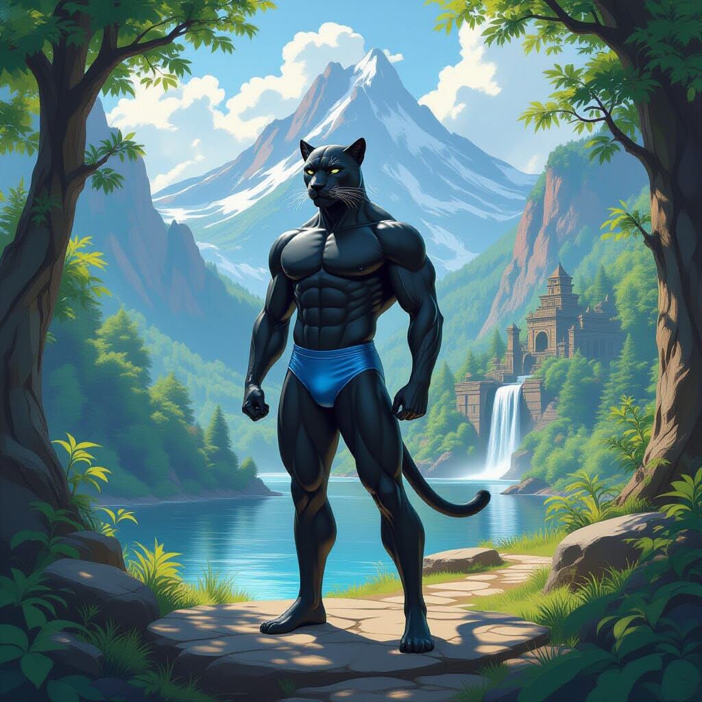 Panther Hero in Forest Clearing: Matte Painting
