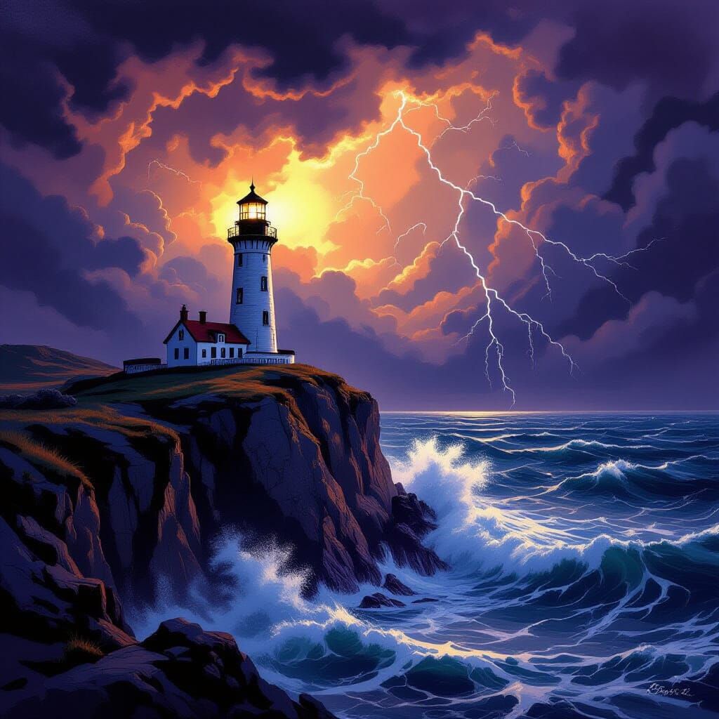Lighthouse in Stormy Dark Fantasy Landscape