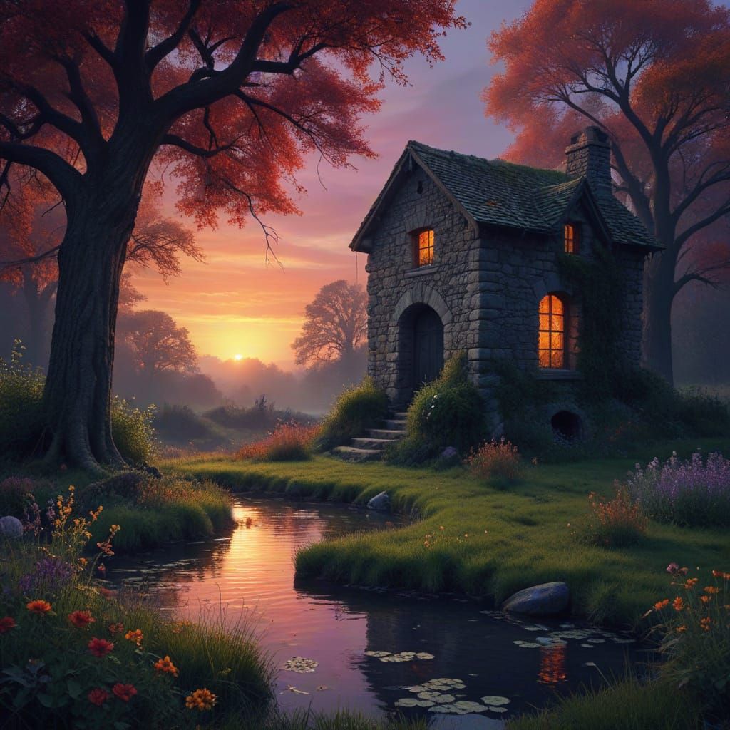 Autumn Sunset Scene with Ancient Stone Structure and Wildflo...