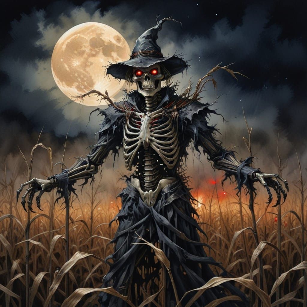 Spooky Skeleton in a Haunted Cornfield at Full Moon