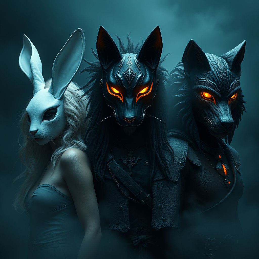 Mystical Trio in Eerie Mist: Dark Fantasy Masks
