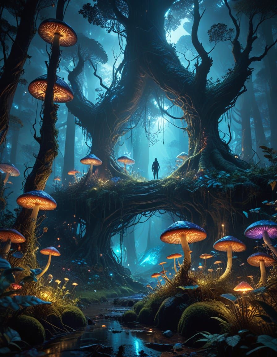 Ethereal Nighttime Forest in Vibrant Oil Painting Style