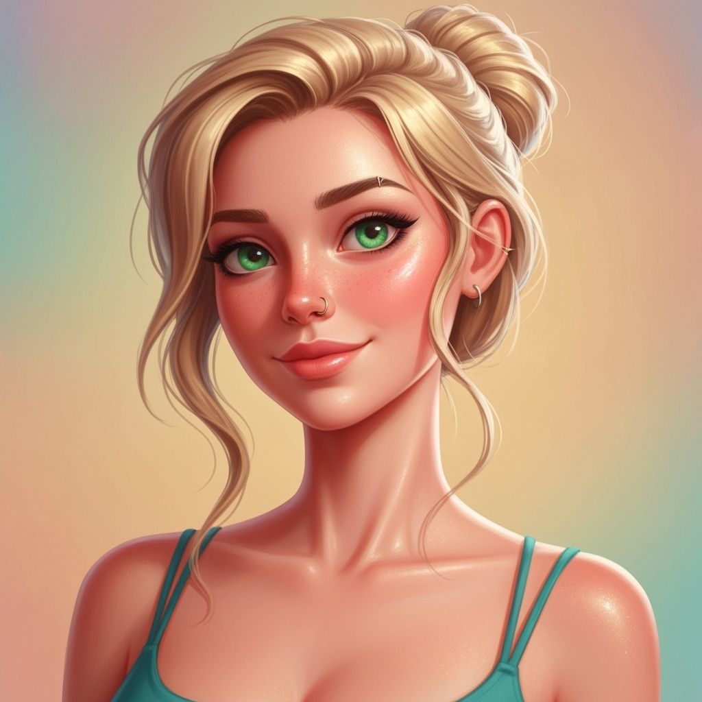 Young Woman with Green Eyes in Pastel Hues