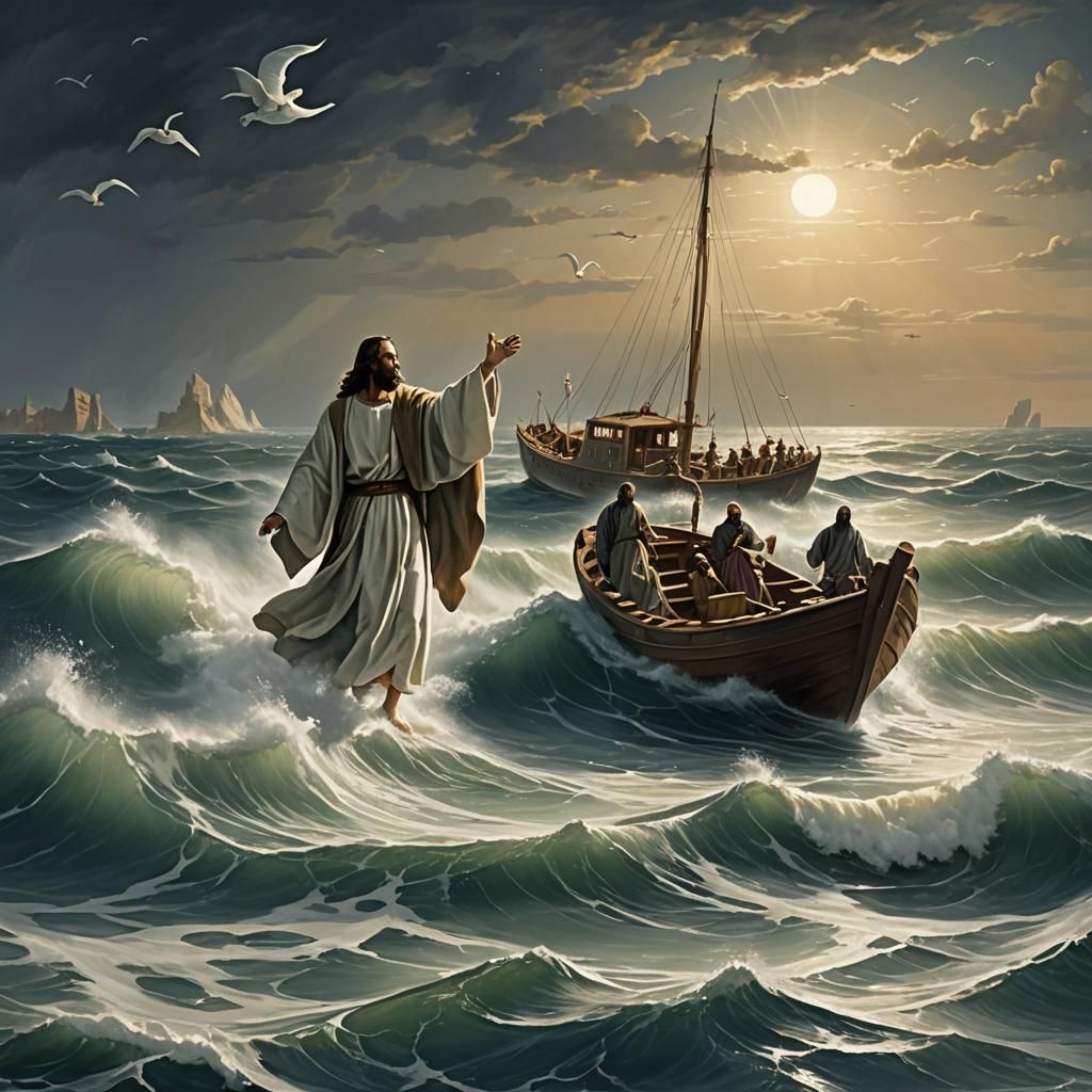 Futuristic Boat on Stormy Seas, in Surreal Oil Painting Styl...
