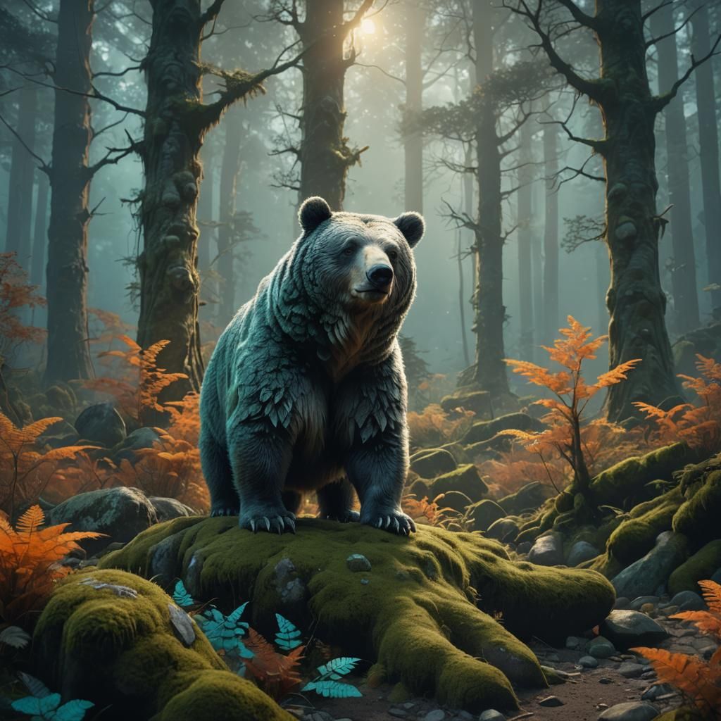 Mystical Grey Bear in Ancient Forest