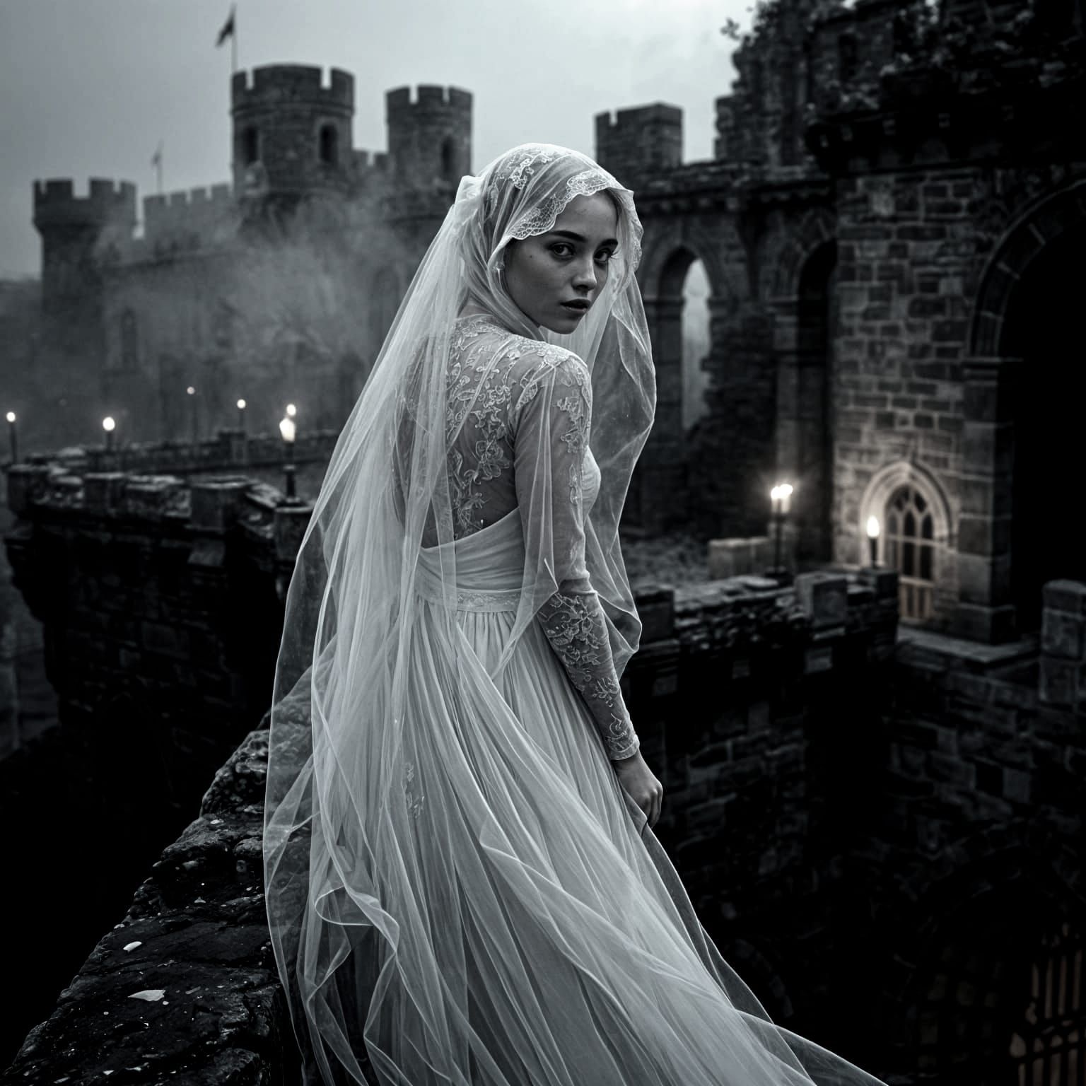 Ethereal Ghost Lady in Derelict Castle at Dusk